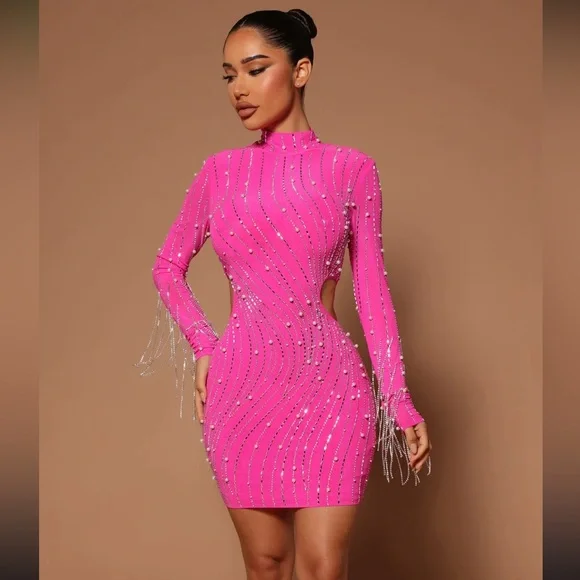 Fashion Nova Luxe Pink Embellished Bodycon Dress Mock Neck - Picture 2 of 5